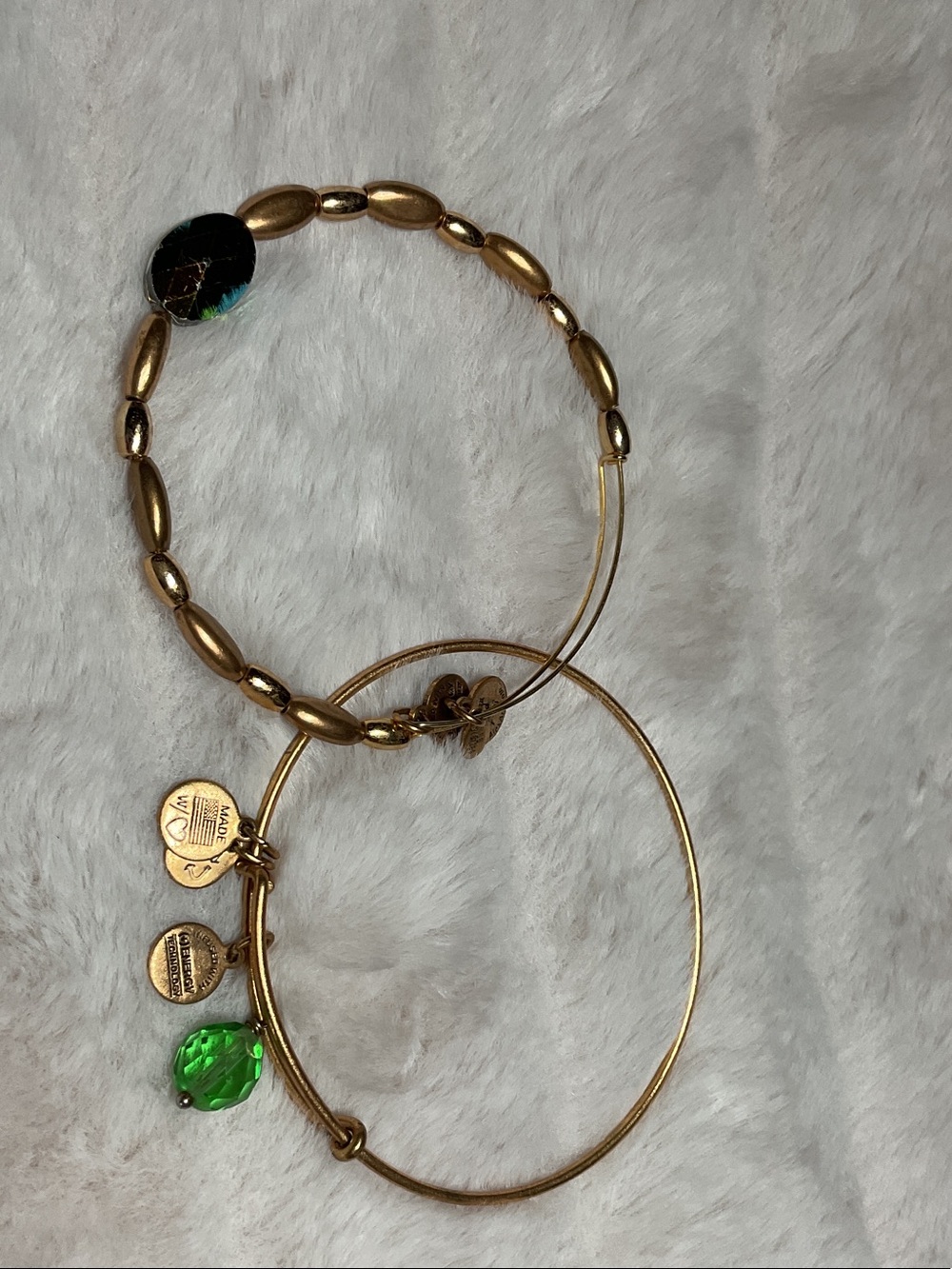 Alex and Ani Gold Bracelet Duo with Green and Iridescent Accents